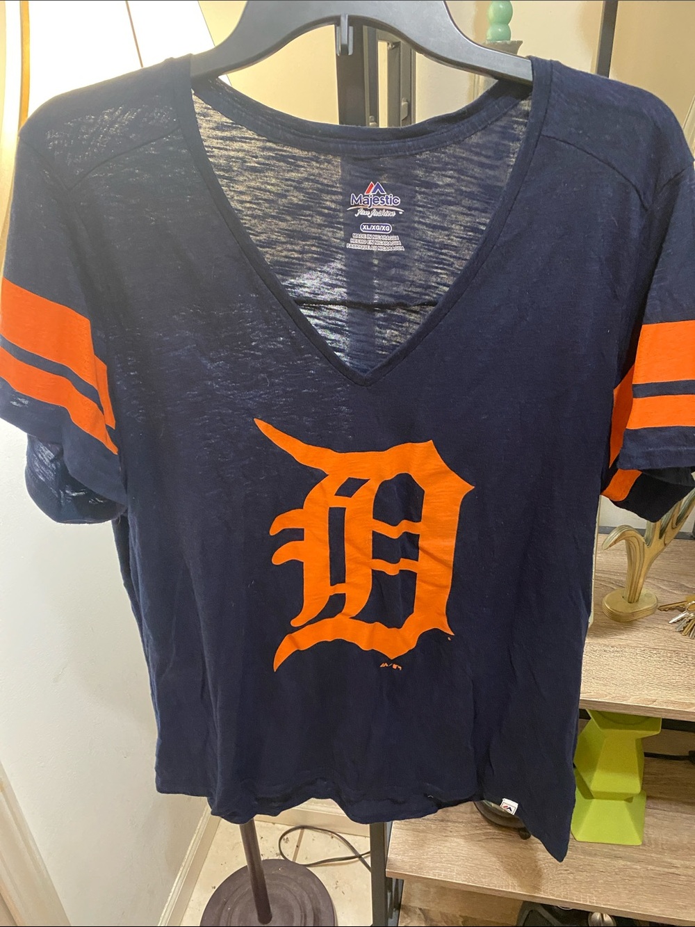 Majestic Navy V-Neck Tee with Orange Detroit D Logo